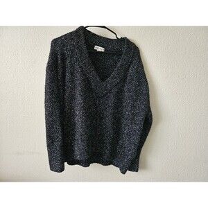 Ava Vil Womens Sweater V-Neck Pullover Long Sleeve Metallic Silver Black X1.